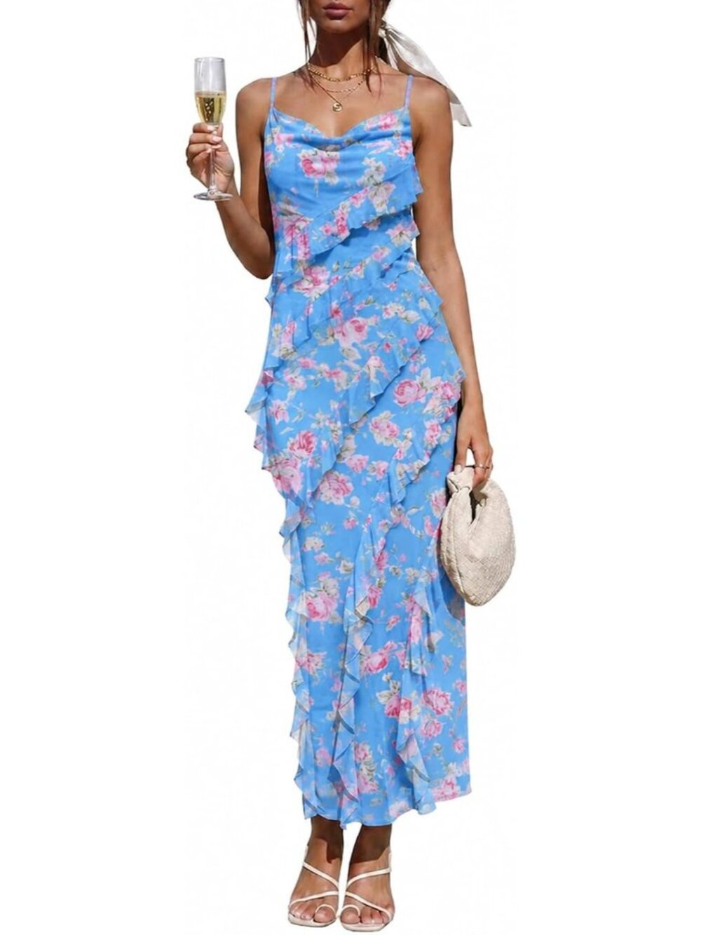 Women's Blue Pink Spaghetti Strap Formal Bodycon Wedding Guest Maxi Dresses